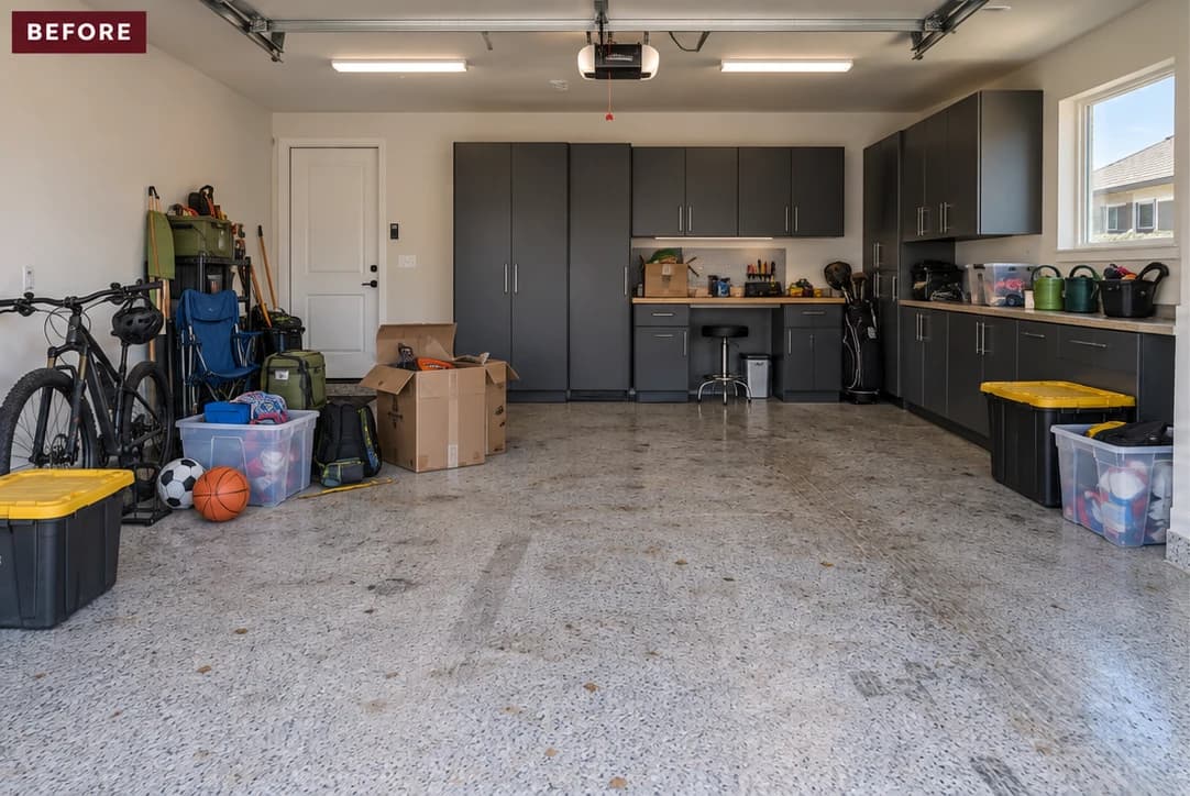 The same garage cluttered with bins, a bike and sports gear before a SpaceBack cleanout